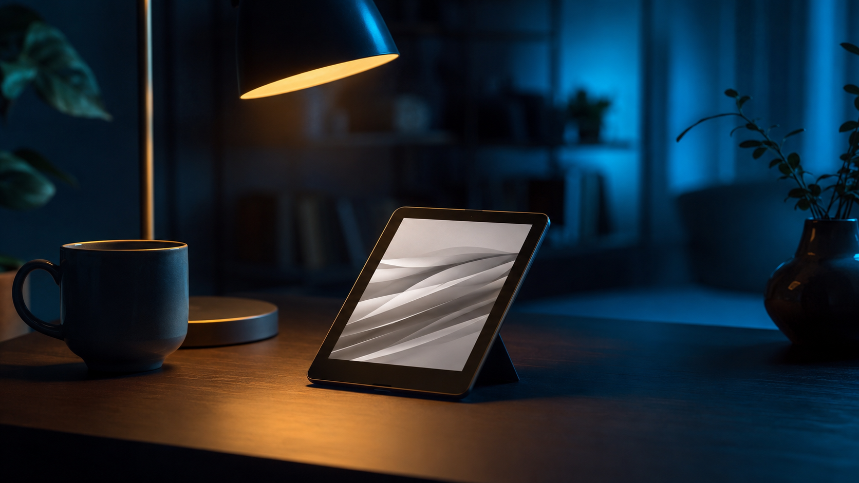 Cuatro lectores electrónicos mostrando páginas en blanco y negro y color sobre una mesa iluminada en azul cian